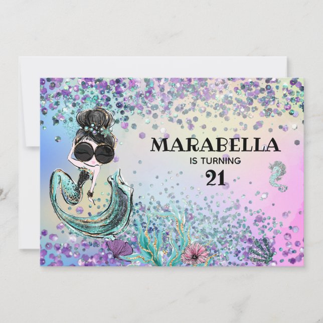 *~* 21 Luxe Rainbow Mermaid Glam Birthday Party Einladung (Vorderseite)