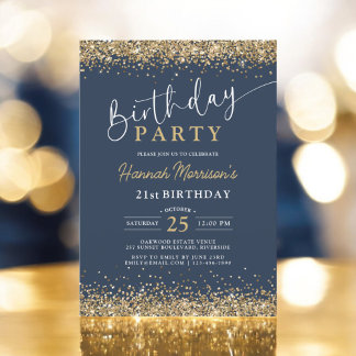 21. Navy Blue Gold Glitzer jedes Alter Geburtstag Einladung