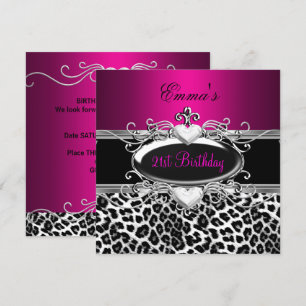 21. Party Silber Rosa Schwarz Weiß Leopard Einladung