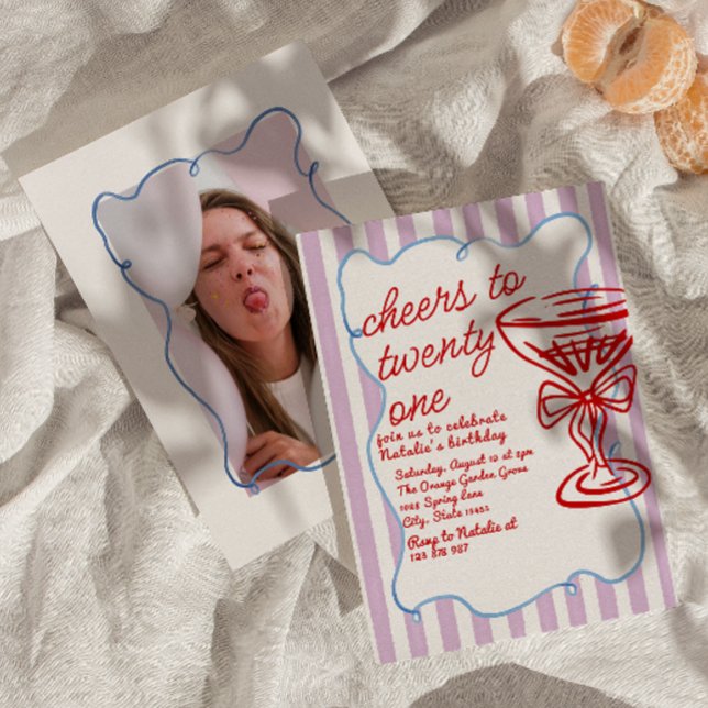 21. Rote Hand Drawn Champagne Glass Foto Geburtsta Einladung (Von Creator hochgeladen)