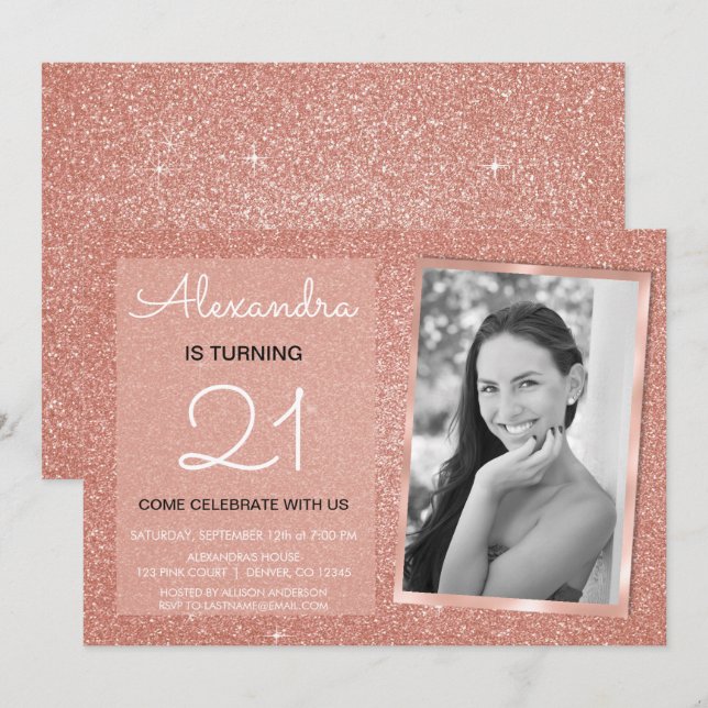 21. Sparkle Rose Gold Blush Pink Foto Einladung (Vorne/Hinten)