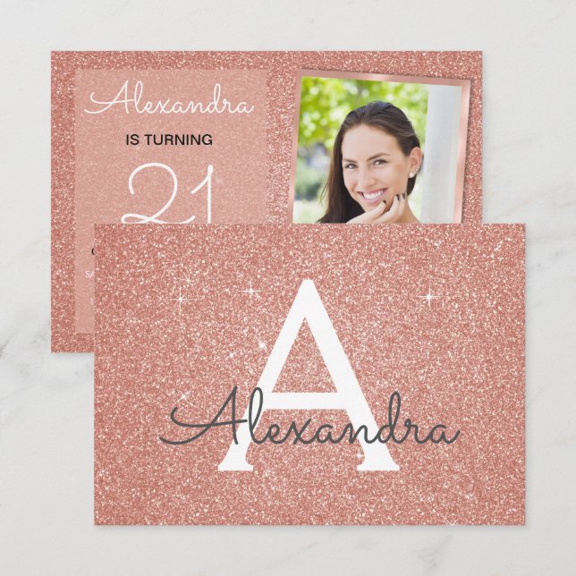 21. Sparkle Rose Gold Blush Pink Foto Einladung (Vorne/Hinten)