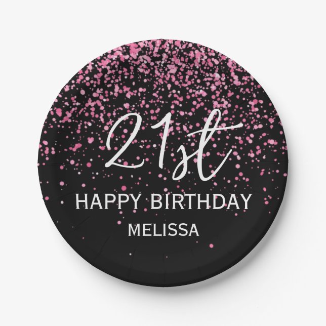 21. Sparkling Hot Pink Glitzer Black Birthday Pappteller (Vorderseite)