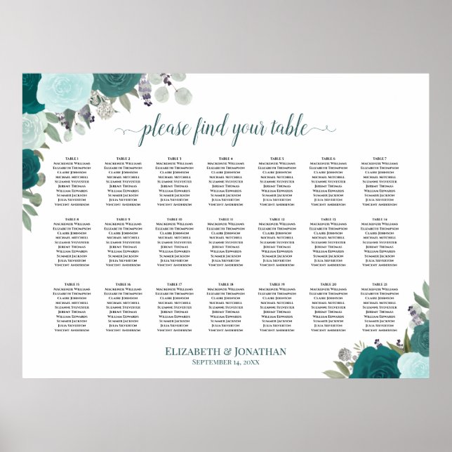 21 Tabelle Aquamarin Boho Blumenzettel Poster (Vorne)