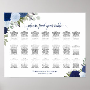 21 Tabelle Blauer Boho Blütensitzplan Poster