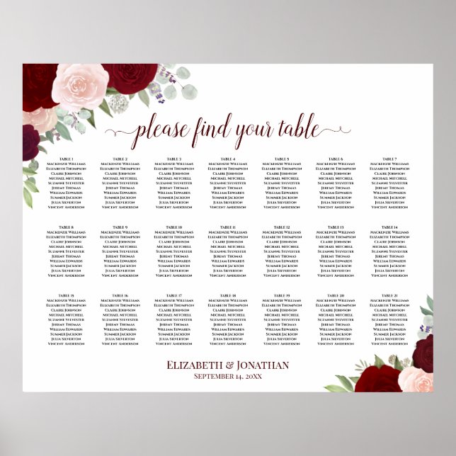 21 Tabelle Burgundy Blush Boho Bläsersitzdiagramm Poster (Vorne)