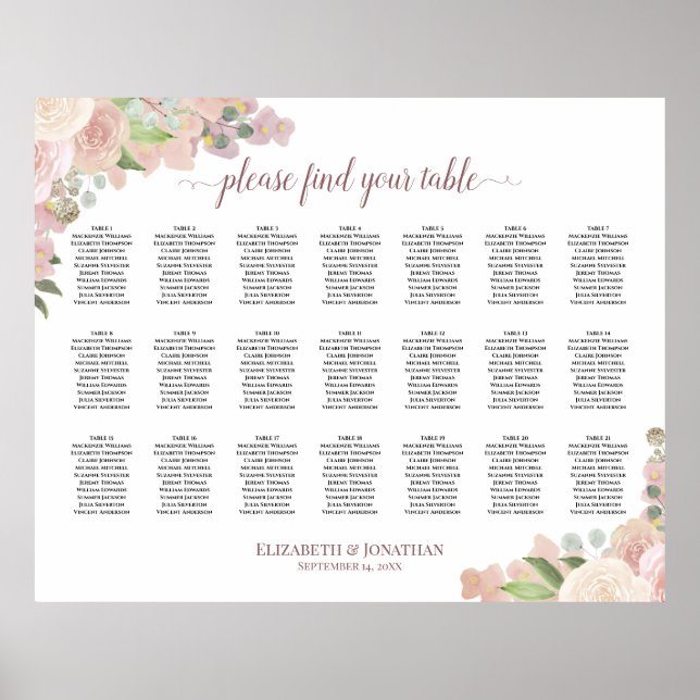 21 Tabelle Elegant Rosa Blumenkarte Poster (Vorne)