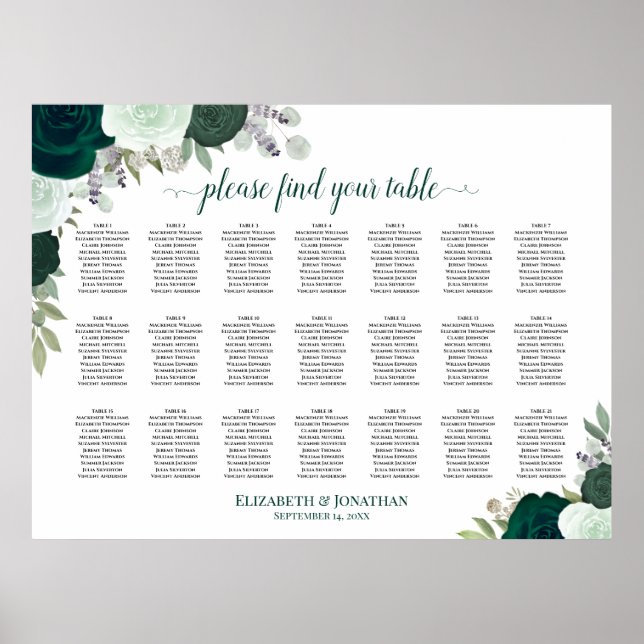 21 Tabelle Emerald Boho Blumenübersicht Poster (Vorne)
