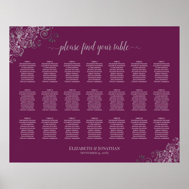 21 Tabelle Hochzeitskartentabelle Silver on Cassis Poster (Vorne)