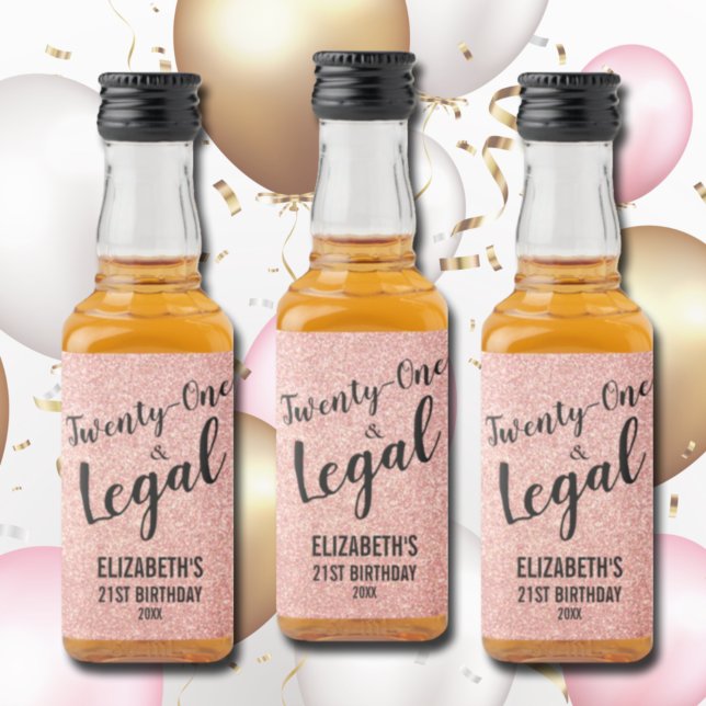 21 und Legal Blush Rose Glitzer Custom Mini Alkoholflaschenetikett (Von Creator hochgeladen)