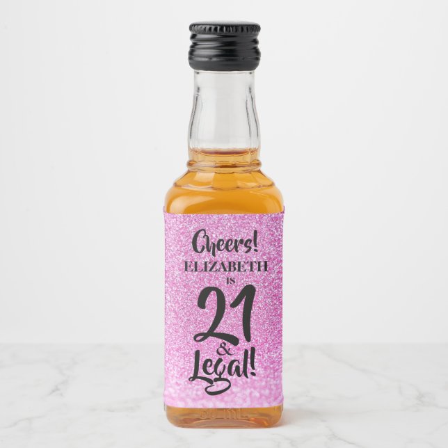 21 und Legal Pink Imitate Glitzer Custom Mini Alkoholflaschenetikett (Vorderseite)