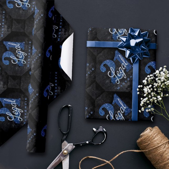 21 und Rechts | Blue 21. Birthday Chic Glitzer Geschenkpapier (Von Creator hochgeladen)