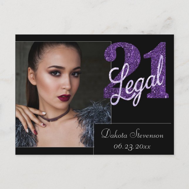 21 und Rechts | Lila Imitate Glitzer 21. Geburtsta Postkarte (Vorderseite)