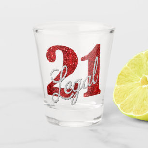 21 und Rechts Rote Imitate Glitzer 21. Geburtsta Schnapsglas