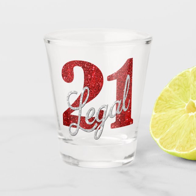 21 und Rechts | Rote Imitate Glitzer 21. Geburtsta Schnapsglas (Vorderseite)