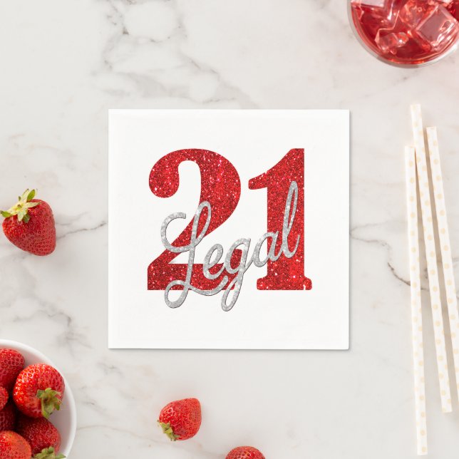 21 und Rechts | Rote Imitate Glitzer 21. Geburtsta Serviette (Beispiel)