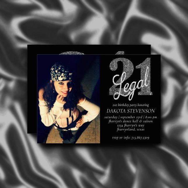 21 und Rechts | Silver Imitats Glitzer Foto Keepak Einladung (Von Creator hochgeladen)