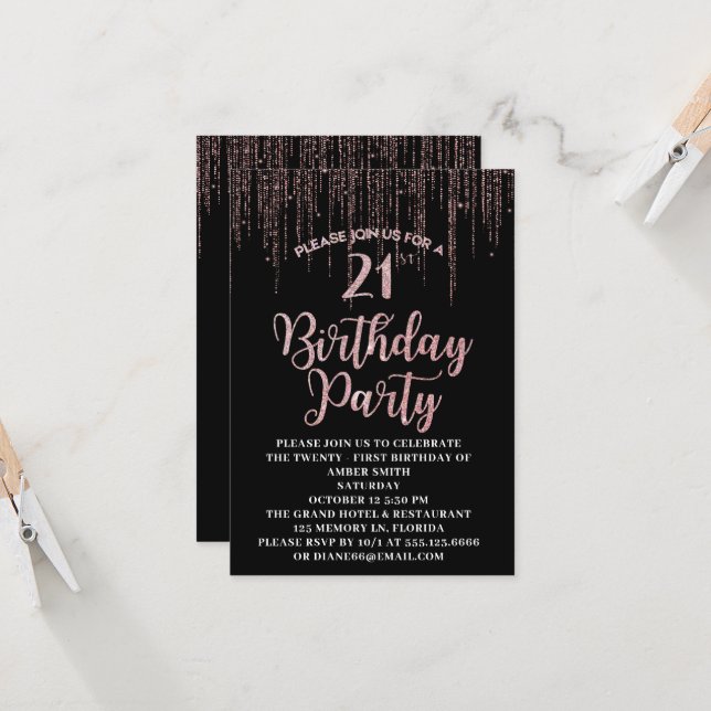 21e anniversaire de fête - Invitation noire et or (Devant/Arrière en situation)