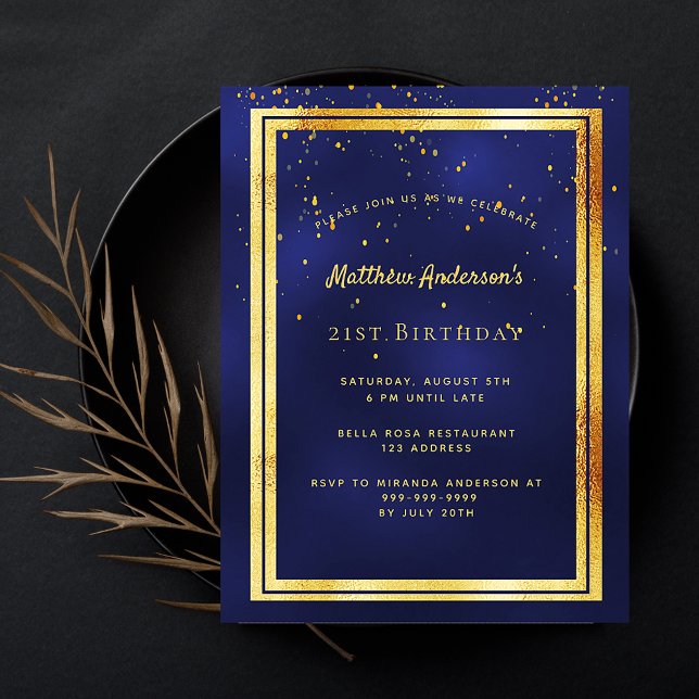 21e anniversaire fête bleu or brillant invitation (Créateur téléchargé)