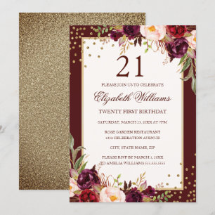 21e anniversaire Gold Bourgogne Floral Invitation