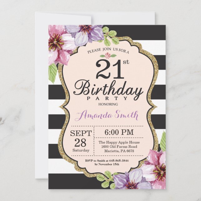 21e anniversaire Invitation Femmes. Noir d'or flor (Devant)