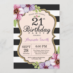 21e anniversaire Invitation Femmes. Noir d'or flor