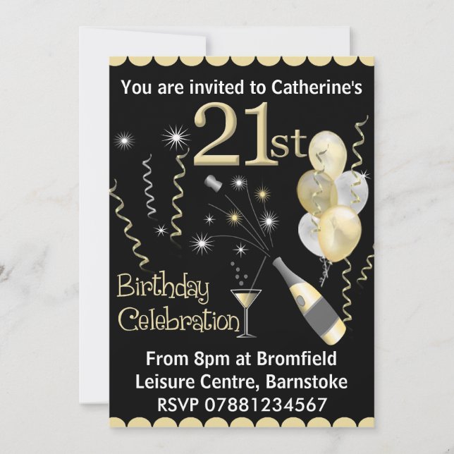 21e anniversaire Invitations - Black & Gold (Devant)