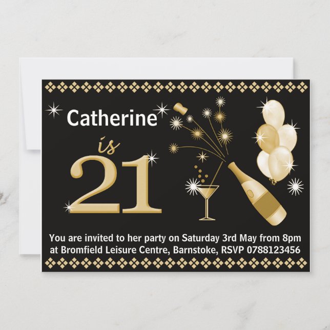 21e anniversaire Invitations - Black & Gold (Devant)
