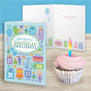 21e Anniversaire Pastel Lumineux Icônes Sur Carte 