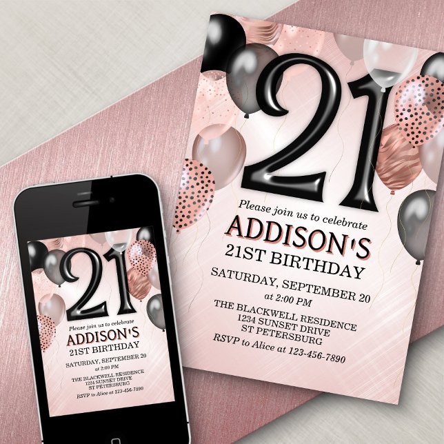21e anniversaire Rose Gold Ballons Invitation (Créateur téléchargé)