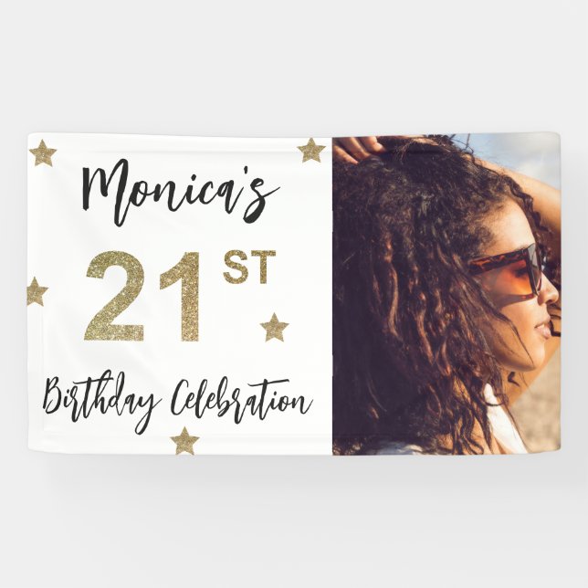 21e anniversaire Stars Photo Gold Party Bannière (Horizontal)