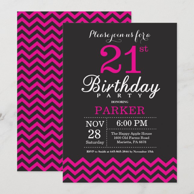 21e Invitation d'anniversaire Black and Hot Pink (Devant / Derrière)