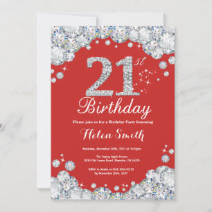 21e Invitation d'anniversaire Diamant rouge et arg