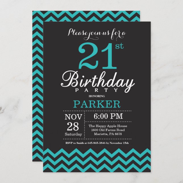 21e Invitation d'anniversaire Noir et Turquoise (Devant / Derrière)