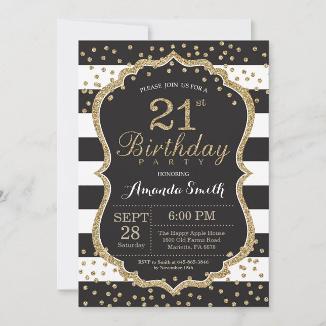 21ème Invitation d'anniversaire. Noir et parties (Devant)