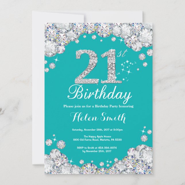 21ème Invitation Teal d'anniversaire et diamant (Devant)