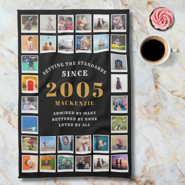 21st Birthday 2005 Family Memories Photo Collage  Geschirrtuch (2005 Kitchen towel. Marble background.)