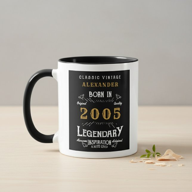 21st Birthday 2005 Legend Retro Black Personalized Tasse (Born 2005 Legendary mug. Grey and wood background.)