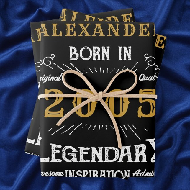 21st Birthday 2005 Legend Vintage Black Geschenkpapier Set (Born 2005 wrapping paper on a blue background.)