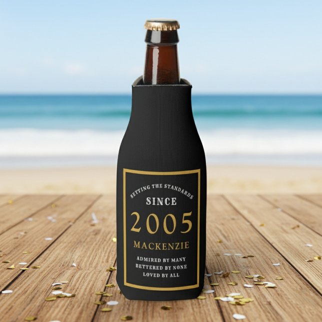 21st Birthday 2005 Name Elegant Chic Black Gold Flaschenkühler (Born 2005 bottle cooler. Beach background.)