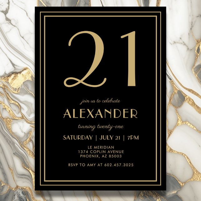 21st Birthday Black and Gold Modern Minimal Adult Einladung (Elegant black and gold 21st birthday invitation design for him or her.)