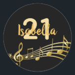 21st birthday black gold music notes name runder aufkleber<br><div class="desc">Black background with faux gold music notes for a 21st birthday party. Templates for age and name.  The name is written in a hand-lettered style script.  Golden letters and number.</div>