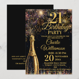 21st Birthday Bubbly Fireworks Gold  Einladung