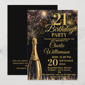 21st Birthday Bubbly Fireworks Gold  Einladung