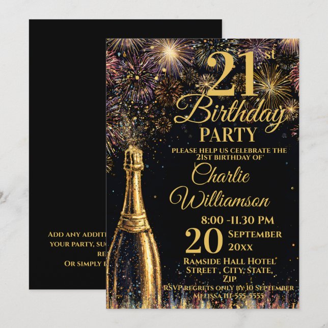 21st Birthday Bubbly Fireworks Gold  Einladung (Vorne/Hinten)