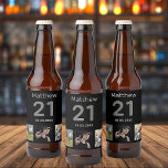 21st birthday custom photo monogram guy bierflaschenetikett<br><div class="desc">For a 21st birthday party. A collage of 3 of your photos of himself friends,  family,  interest or pets.  Personalize and add his name,  age 21 and a date.  Date of birth or the date of the birthday party.  Gray and white colored text.  Black background.</div>