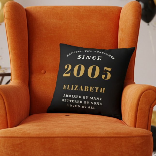 21st Birthday Gift Personalized 2005 Black Gold Kissen (2005 throw pillow in an orange chair)