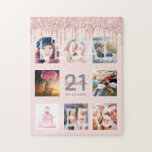 21st Birthday Glitter Drips Foto Rose Gold Pink<br><div class="desc">Glamorous and unique 21st birthday gift or keepsake, celebrating her life with a leime of 8 of your fotos. Personalize and add a name, Alter 21 und Datum. Gray and dark rose gold colored letters. Elegant and trendy blush pink background color. Decorated with rose gold colored Glitter Drips. The text:...</div>