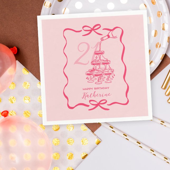 21st Birthday Hand Drawn Pink Champagne Napkins Serviette (Von Creator hochgeladen)