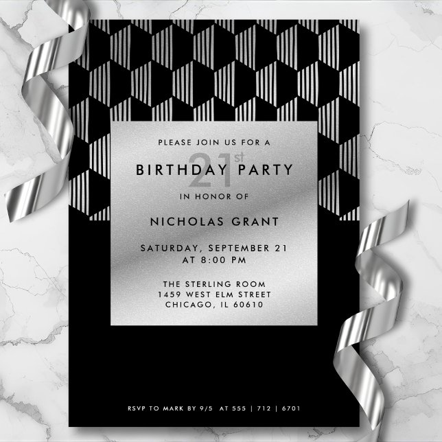 21st Birthday Modern Black Faux Silver Foil Einladung (Gender-neutral design for him or her.)